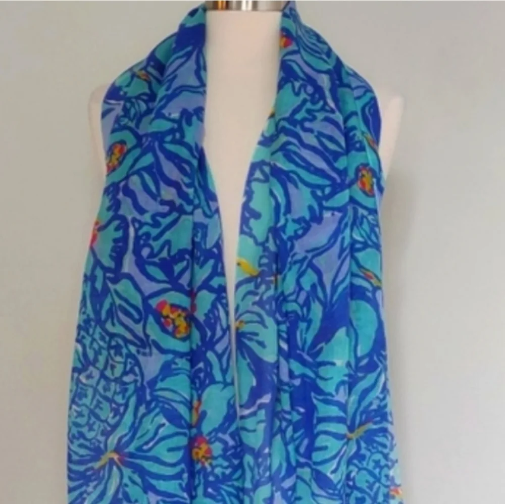 Lilly Pulitzer Murfee Scarf Iris Blue Mai Tai Silk Cashmere Blend Fringe Wrap